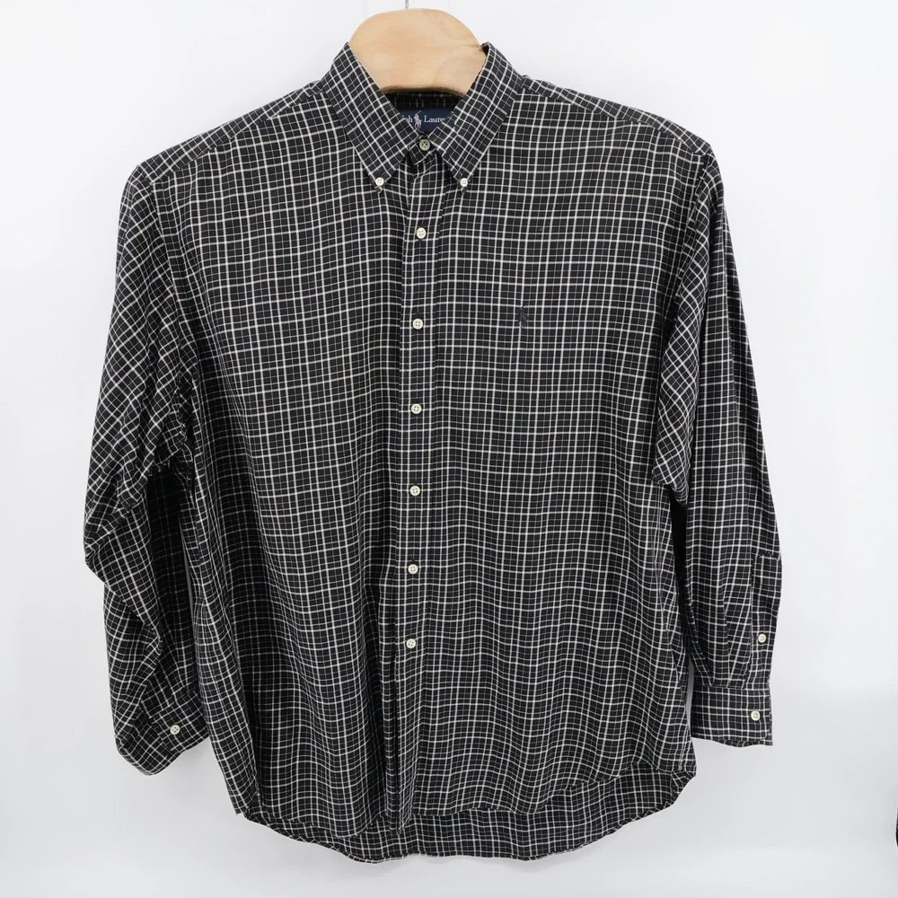 Vintage Polo Ralph Lauren Plaid Button Down Shirt Black Long Sleeve Mens XL